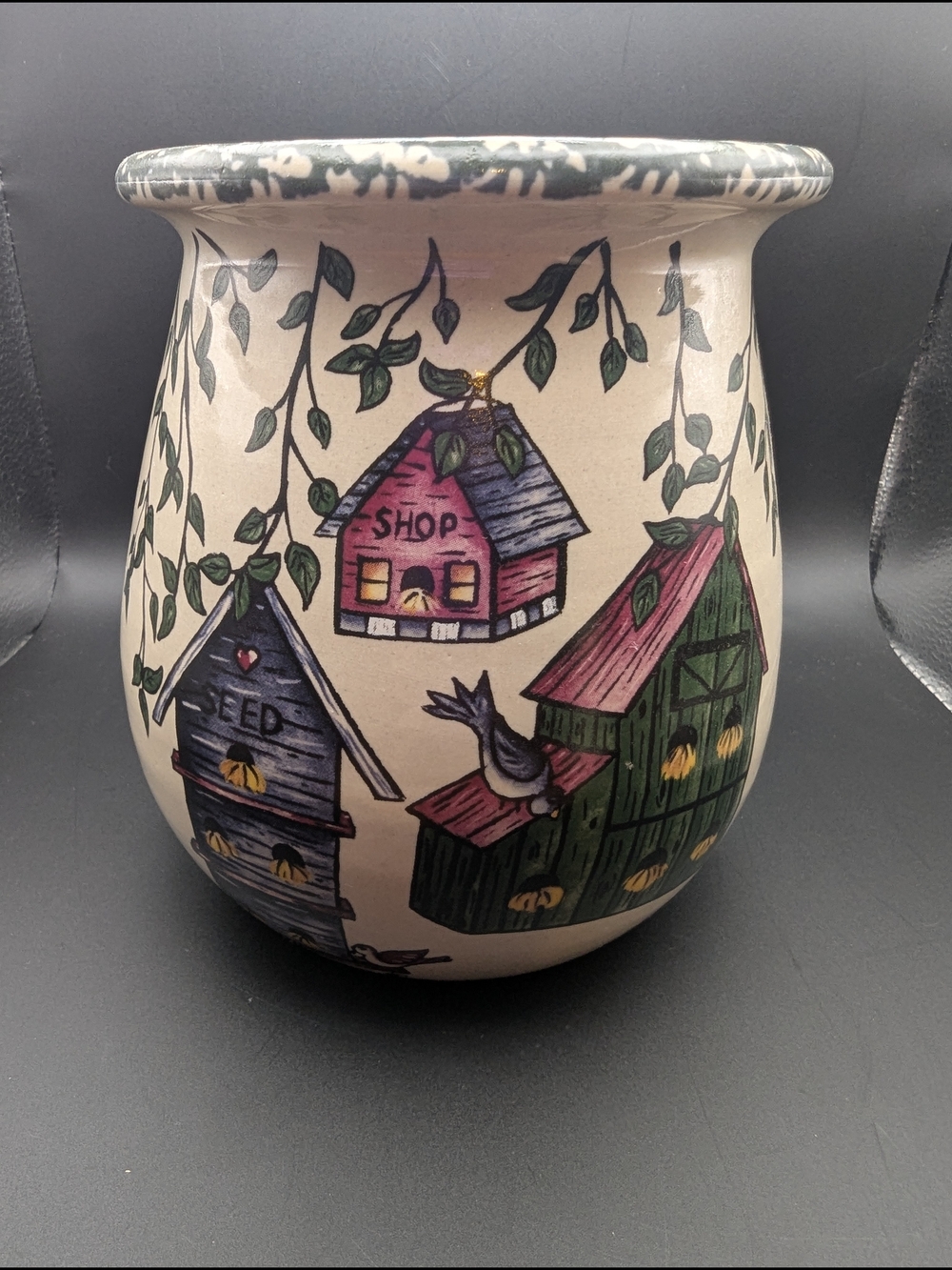 1999 Home & Garden Stoneware Utensil Crock Jar With Decorative Birdhouses